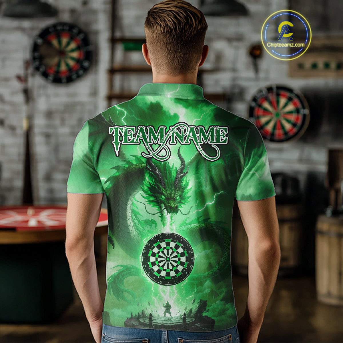 Custom Lightning Green Thunder Dragon Dartboard Polo Dart Shirt For Men, Darts Team Jersey NYN1012