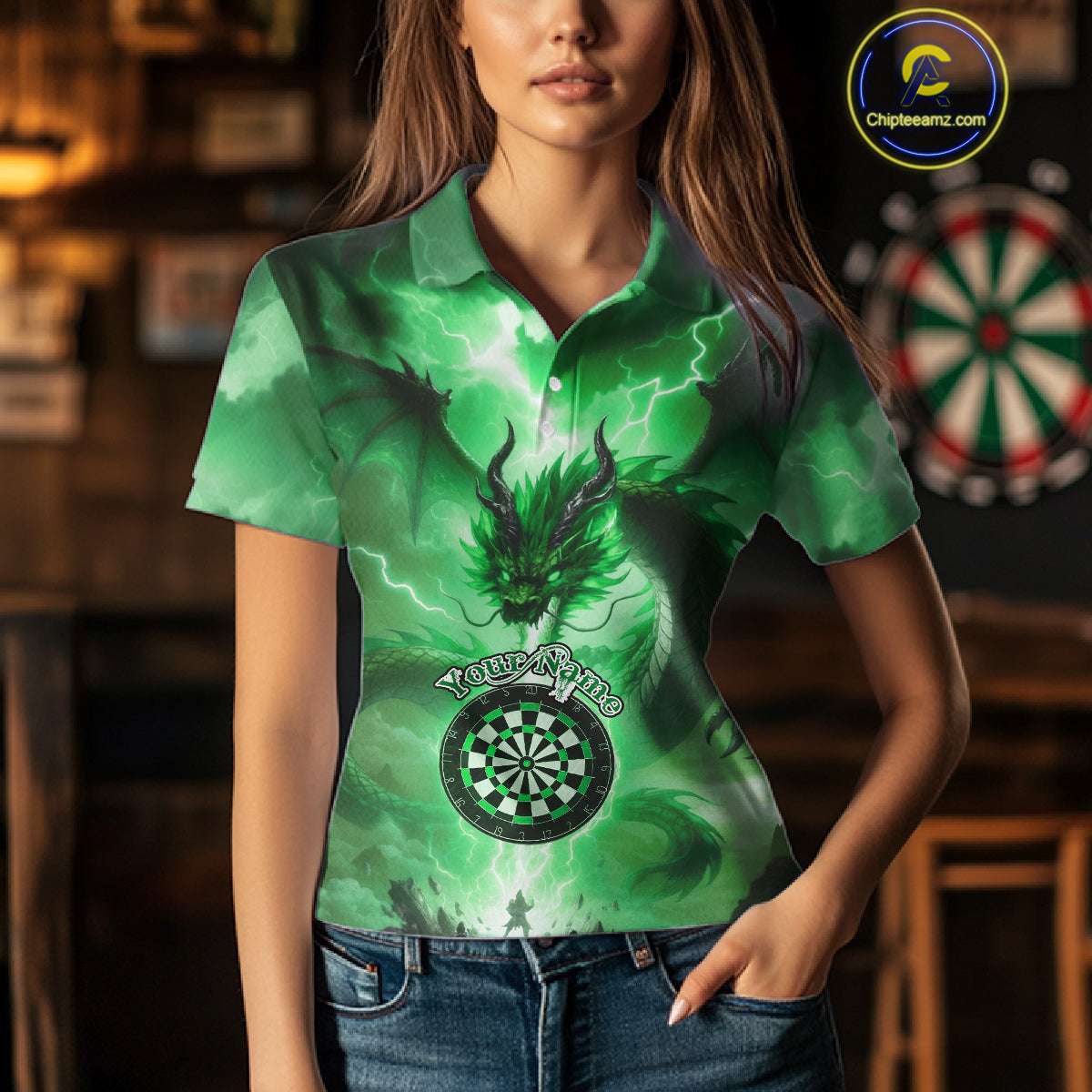 Custom Lightning Green Thunder Dragon Dartboard Polo Dart Shirt For Women, Darts Team Jersey NYN1012