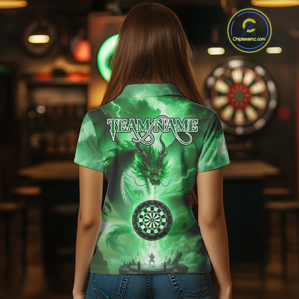 Custom Lightning Green Thunder Dragon Dartboard Polo Dart Shirt For Women, Darts Team Jersey NYN1012