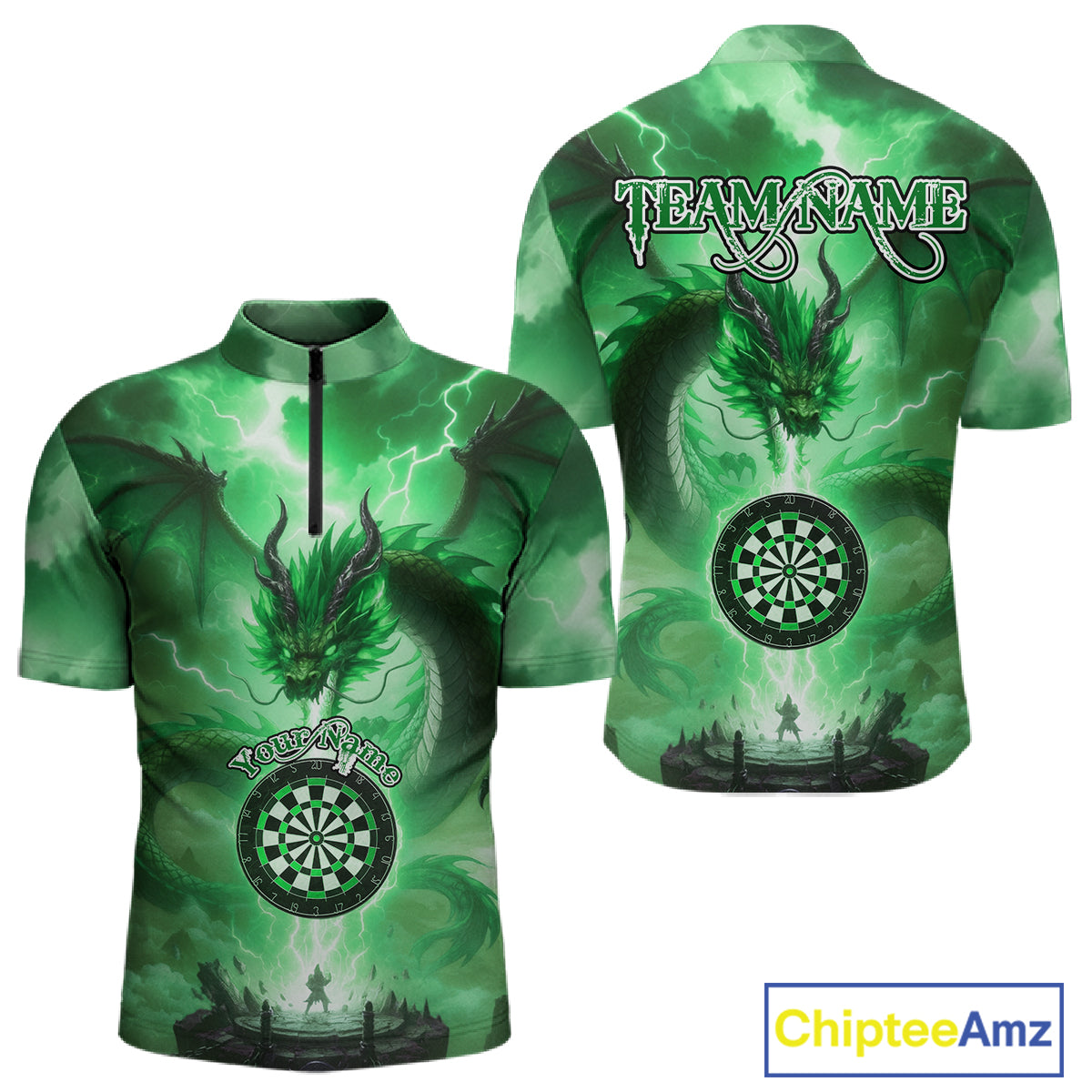 Custom Lightning Green Thunder Dragon Dartboard 1/4-Zip Dart Shirt For Men, Darts Team Jersey NYN1012
