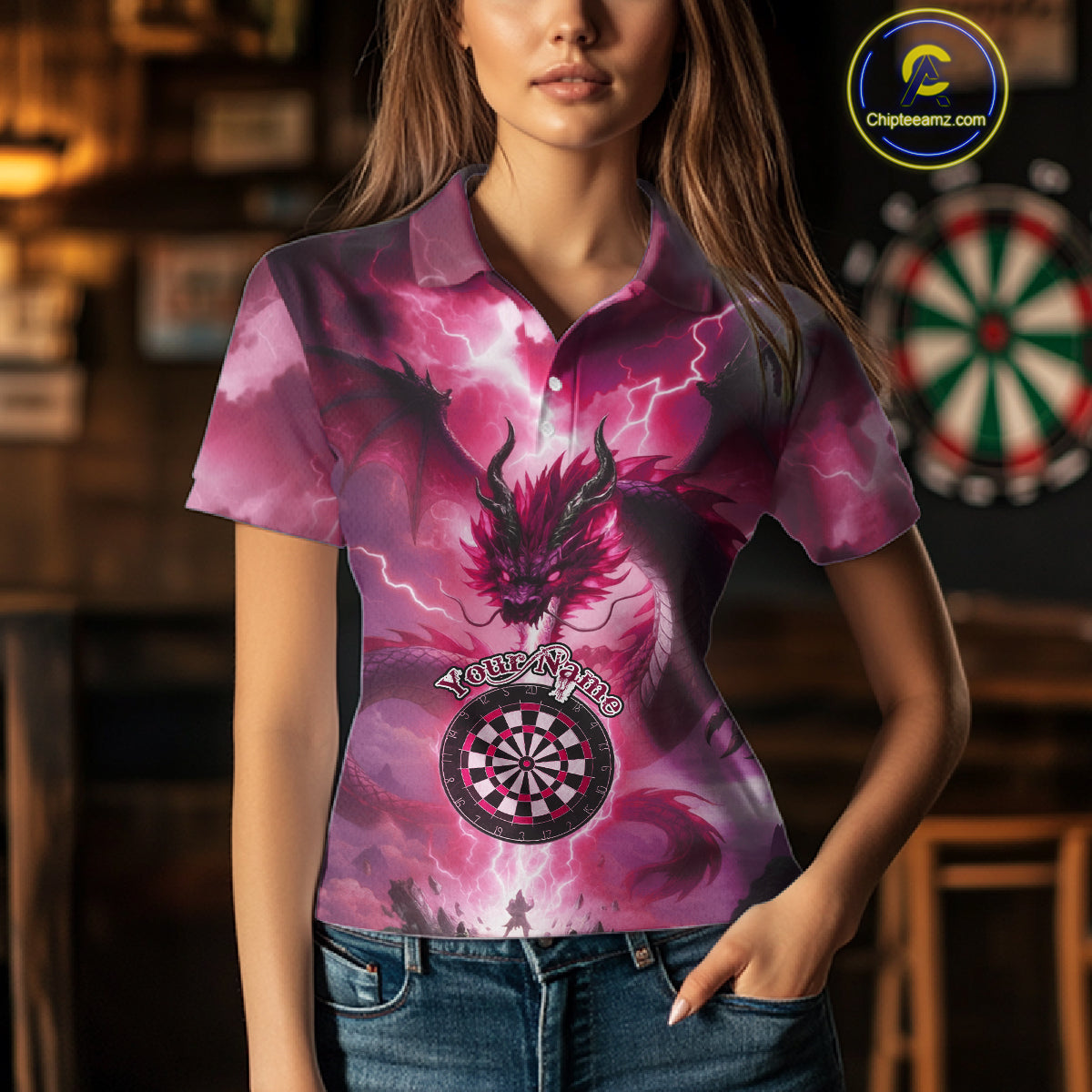 Custom Lightning Pink Thunder Dragon Dartboard Polo Dart Shirt For Women, Darts Team Jersey NYN1013