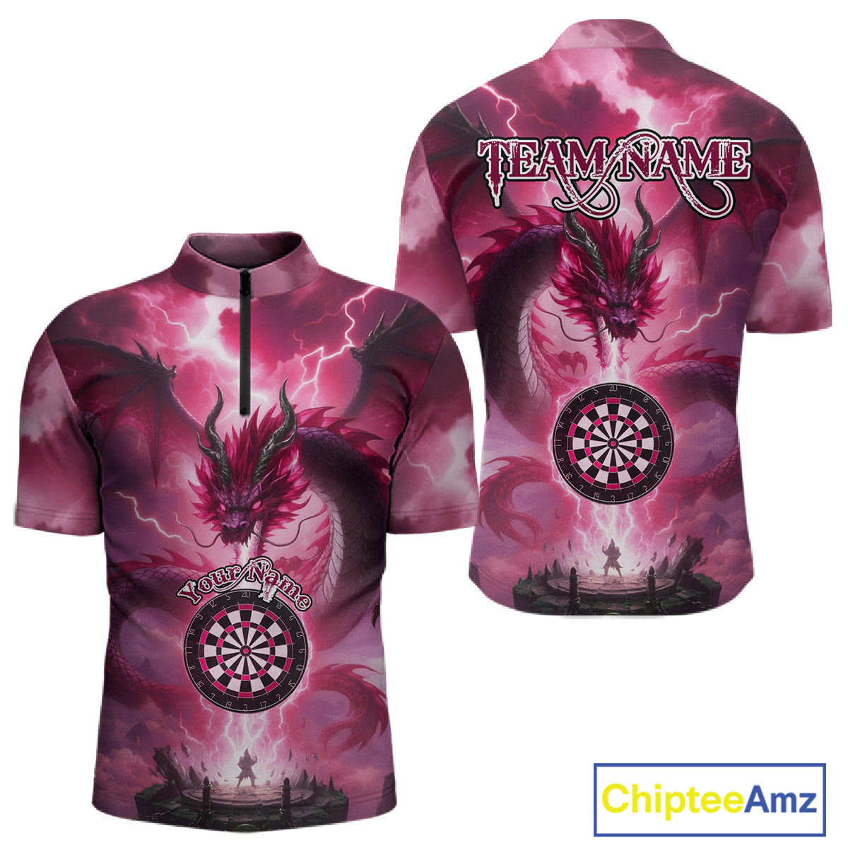Custom Lightning Pink Thunder Dragon Dartboard 1/4-Zip Dart Shirt For Men, Darts Team Jersey NYN1013