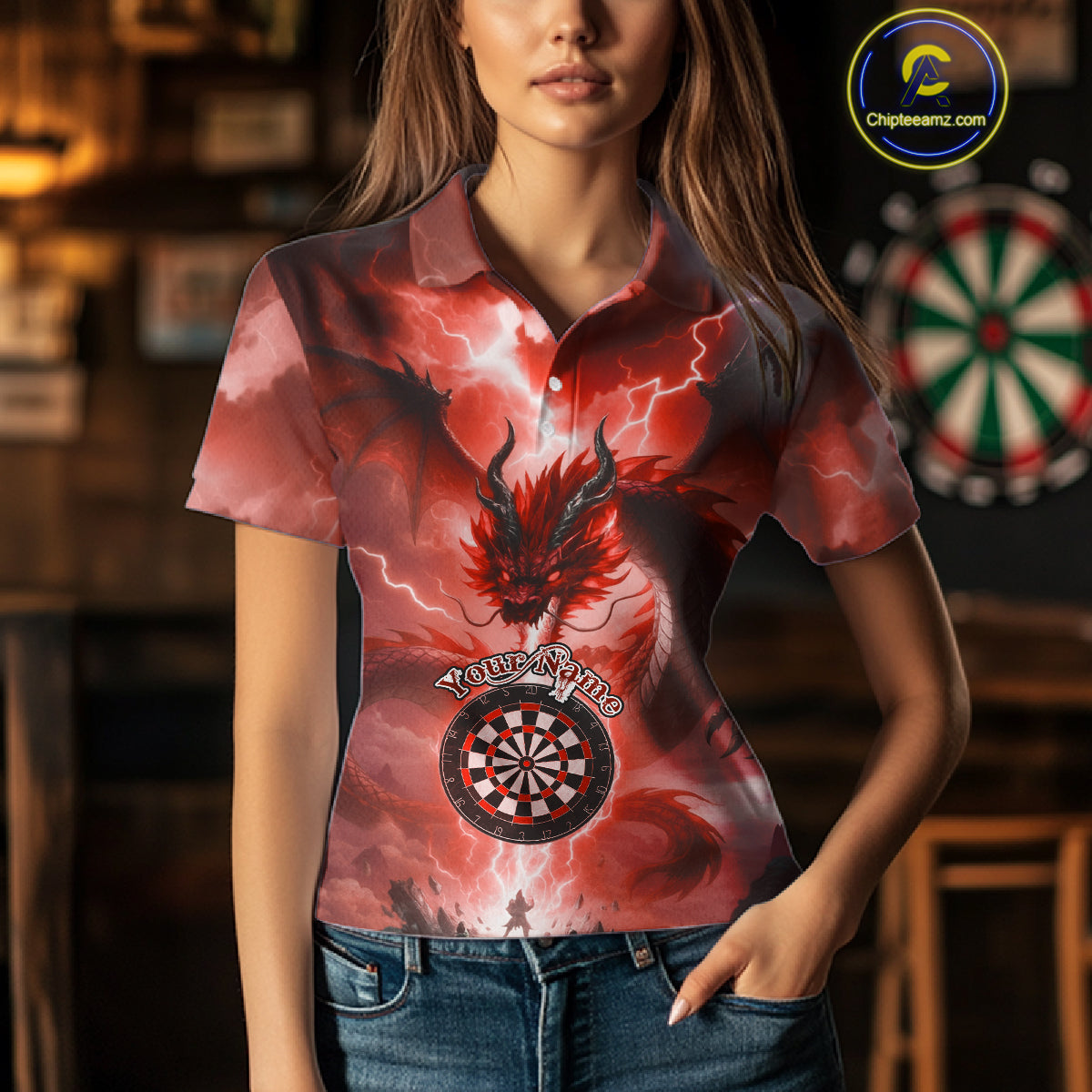 Custom Lightning Red Thunder Dragon Dartboard Polo Dart Shirt For Women, Darts Team Jersey NYN1014