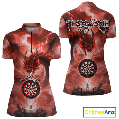 Custom Lightning Red Thunder Dragon Dartboard 1/4-Zip Dart Shirt For Women, Darts Team Jersey NYN1014