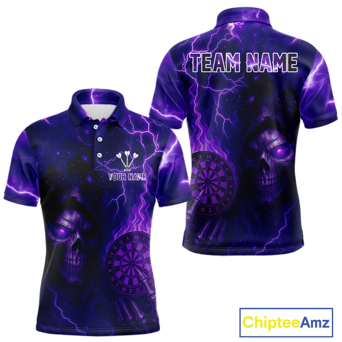 Personalized Purple Flames Skull Dartboard Darts Jersey Custom Men's Skull Darts Polo Shirt NYN1029