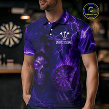 Load image into Gallery viewer, Personalized Purple Flames Skull Dartboard Darts Jersey Custom Men&#39;s Skull Darts Polo Shirt NYN1029