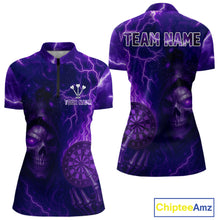 Load image into Gallery viewer, Personalized Purple Flames Skull Dartboard Darts Jersey Custom Women&#39;s Skull Darts 1/4-Zip Shirt NYN1029