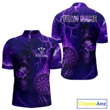 Load image into Gallery viewer, Personalized Purple Flames Skull Dartboard Darts Jersey Custom Men&#39;s Skull Darts 1/4-Zip Shirt NYN1029