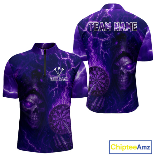 Personalized Purple Flames Skull Dartboard Darts Jersey Custom Men's Skull Darts 1/4-Zip Shirt NYN1029