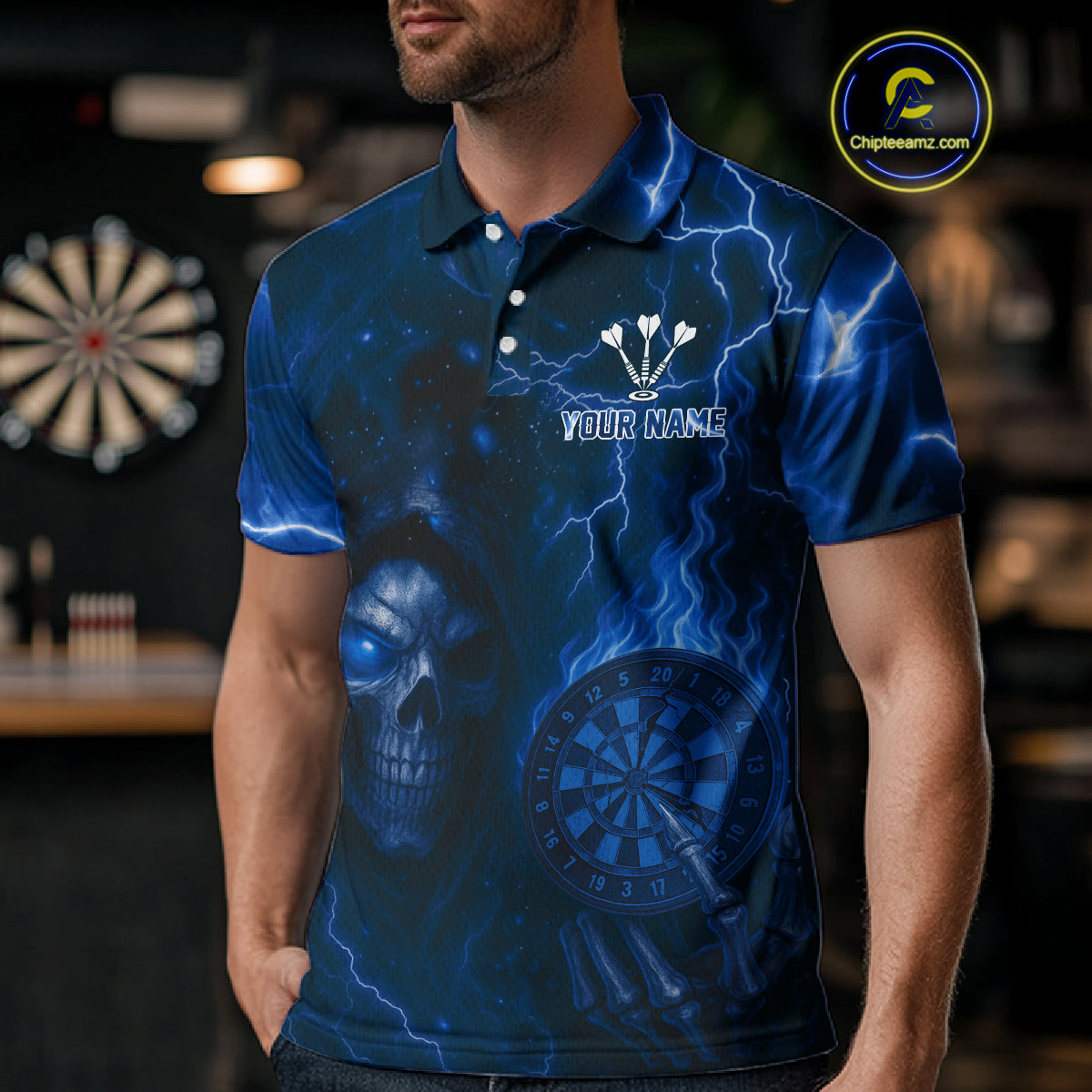 Personalized Blue Flames Skull Dartboard Darts Jersey Custom Men's Skull Darts Polo Shirt NYN1031