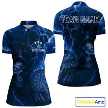 Load image into Gallery viewer, Personalized Blue Flames Skull Dartboard Darts Jersey Custom Women&#39;s Skull Darts 1/4-Zip Shirt NYN1031