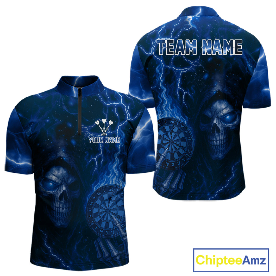 Personalized Blue Flames Skull Dartboard Darts Jersey Custom Men's Skull Darts 1/4-Zip Shirt NYN1031