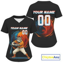 Load image into Gallery viewer, Custom Women Funny Baseball Jersey Personalized Wolf Plays Flame Baseball , Baseball Shirts NYN1039