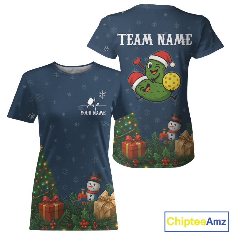 Custom Blue Snowflake Christmas Pickleball T-Shirt For Women Pickle Xmas Pickleball Jersey NYN1369