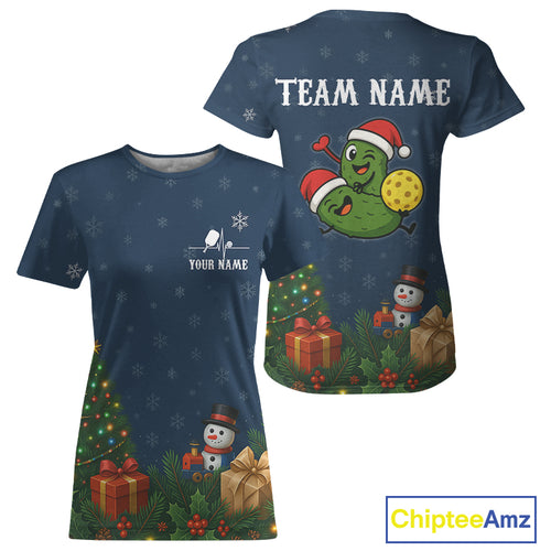 Custom Blue Snowflake Christmas Pickleball T-Shirt For Women Pickle Xmas Pickleball Jersey NYN1369