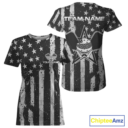 Custom Black-White Patriotic Pickleball T-Shirt For Women US Flag Grunge Pickleball Jersey NYN1371