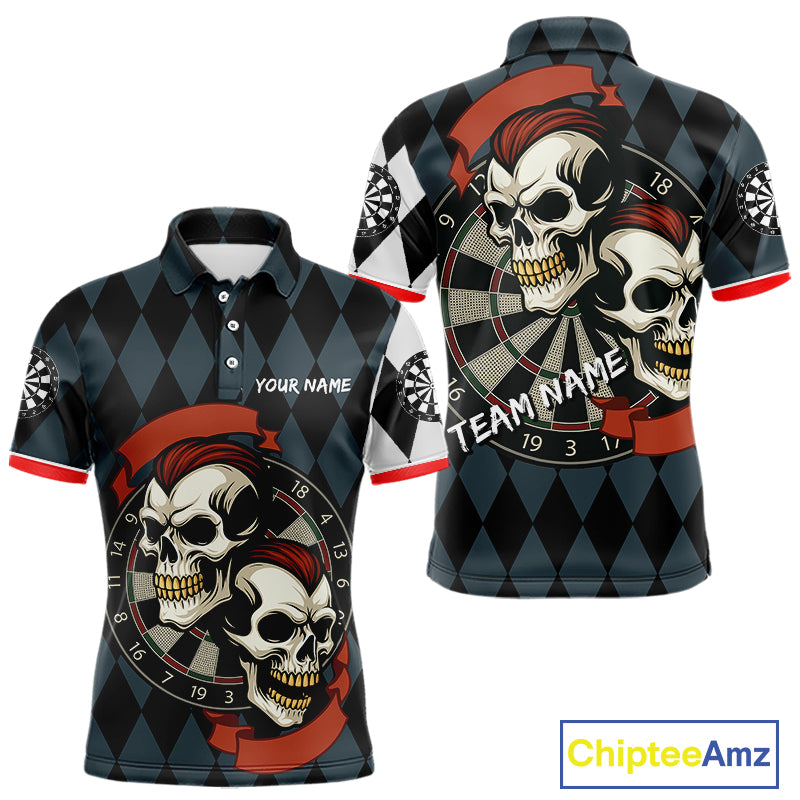 Red-Haired Skulls With Dartboard Men's Navy Darts Shirt - Custom Name For Players NYN0520