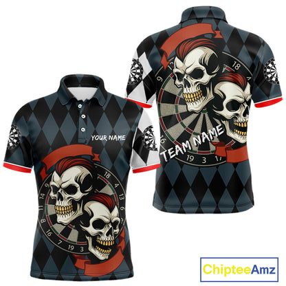 Red-Haired Skulls With Dartboard Men's Navy Darts Shirt - Custom Name For Players NYN0520
