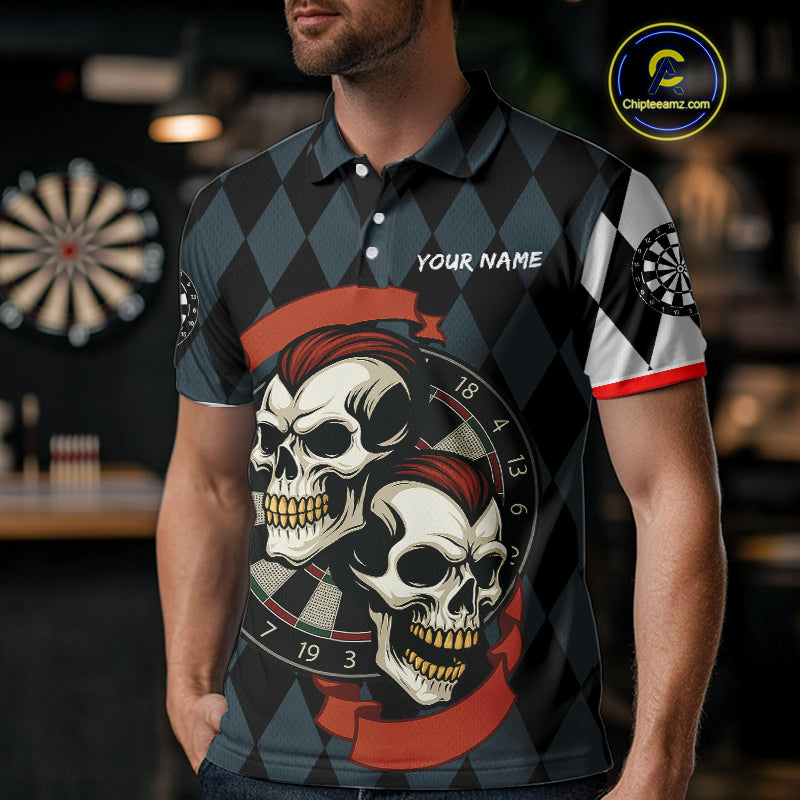 Red-Haired Skulls With Dartboard Men's Navy Darts Shirt - Custom Name For Players NYN0520