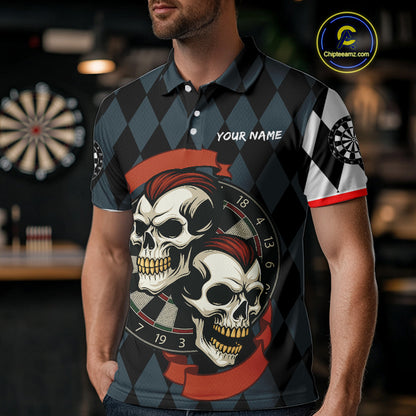 Red-Haired Skulls With Dartboard Men's Navy Darts Shirt - Custom Name For Players NYN0520