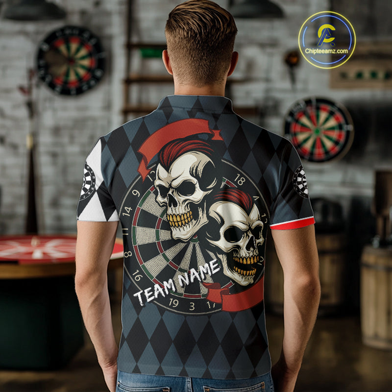 Red-Haired Skulls With Dartboard Men's Navy Darts Shirt - Custom Name For Players NYN0520