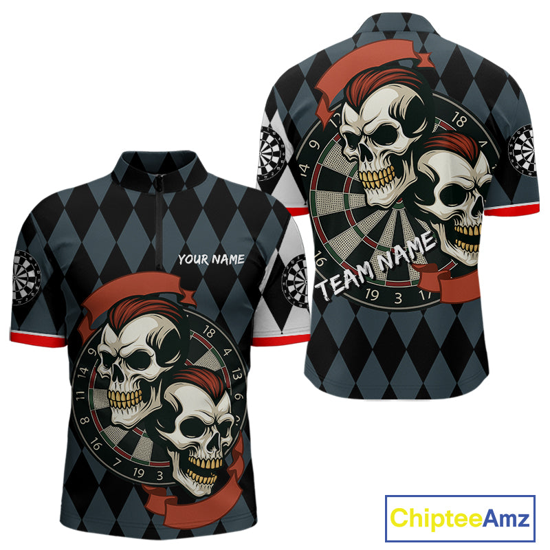 Red-Haired Skulls With Dartboard Men's Navy Darts Shirt - Custom Name For Players NYN0520