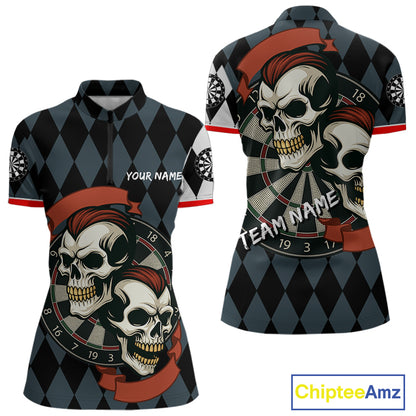 Red-Haired Skulls With Dartboard Women's Navy Darts Shirt - Custom Name For Players NYN0520
