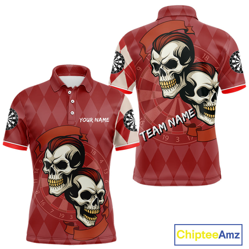 Red-Haired Skulls With Dartboard Men's Red Darts Shirt - Custom Name For Players NYN0521