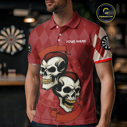 Red-Haired Skulls With Dartboard Men's Red Darts Shirt - Custom Name For Players NYN0521
