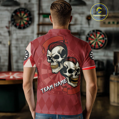 Red-Haired Skulls With Dartboard Men's Red Darts Shirt - Custom Name For Players NYN0521