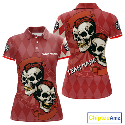 Red-Haired Skulls With Dartboard Women's Red Darts Shirt - Custom Name For Players NYN0521