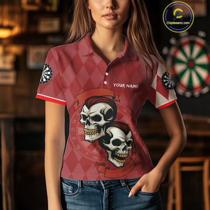 Red-Haired Skulls With Dartboard Women's Red Darts Shirt - Custom Name For Players NYN0521