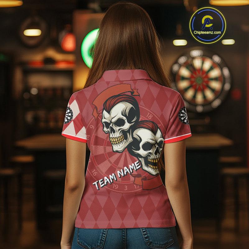Red-Haired Skulls With Dartboard Women's Red Darts Shirt - Custom Name For Players NYN0521