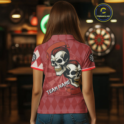 Red-Haired Skulls With Dartboard Women's Red Darts Shirt - Custom Name For Players NYN0521
