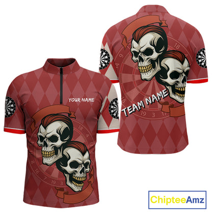 Red-Haired Skulls With Dartboard Men's Red Darts Shirt - Custom Name For Players NYN0521