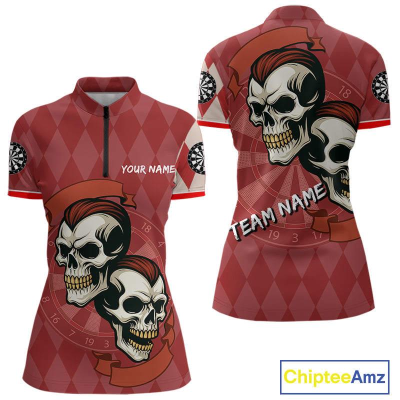 Red-Haired Skulls With Dartboard Women's Red Darts Shirt - Custom Name For Players NYN0521