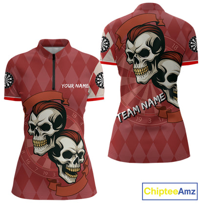 Red-Haired Skulls With Dartboard Women's Red Darts Shirt - Custom Name For Players NYN0521