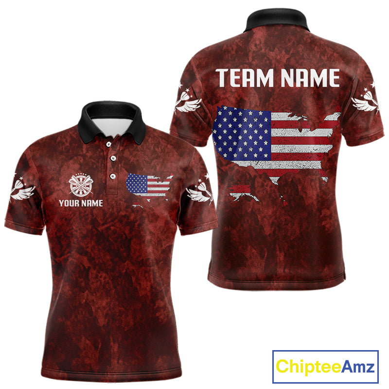 US Flag & Map Dartboard Men's Red Darts Shirt - Custom Name For Darts Jersey NYN0524