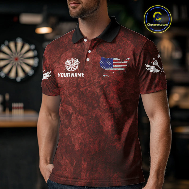 US Flag & Map Dartboard Men's Red Darts Shirt - Custom Name For Darts Jersey NYN0524