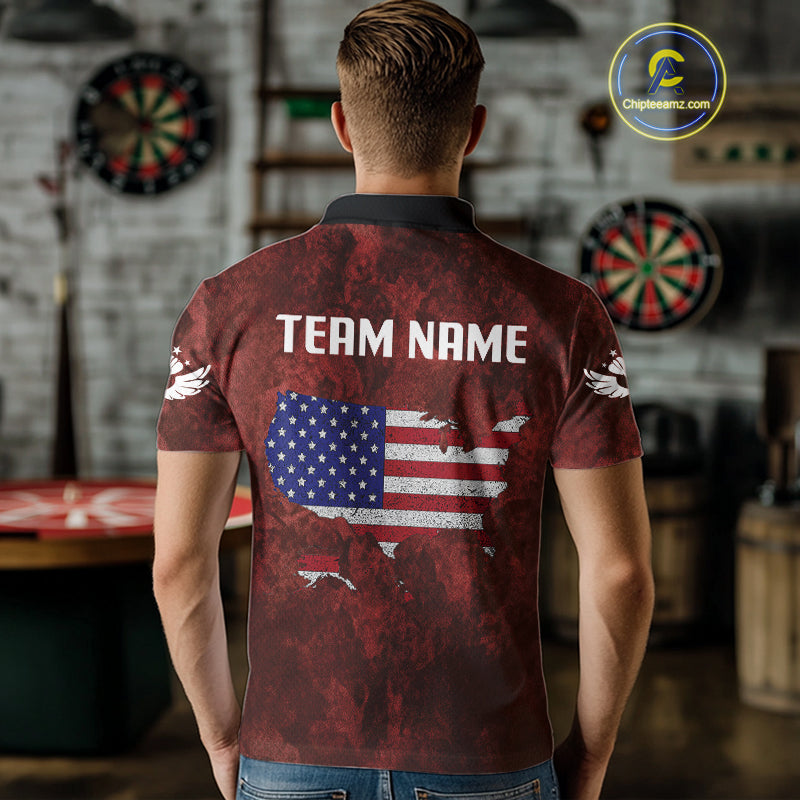 US Flag & Map Dartboard Men's Red Darts Shirt - Custom Name For Darts Jersey NYN0524