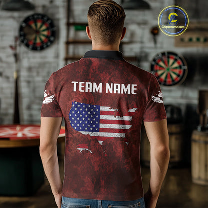 US Flag & Map Dartboard Men's Red Darts Shirt - Custom Name For Darts Jersey NYN0524