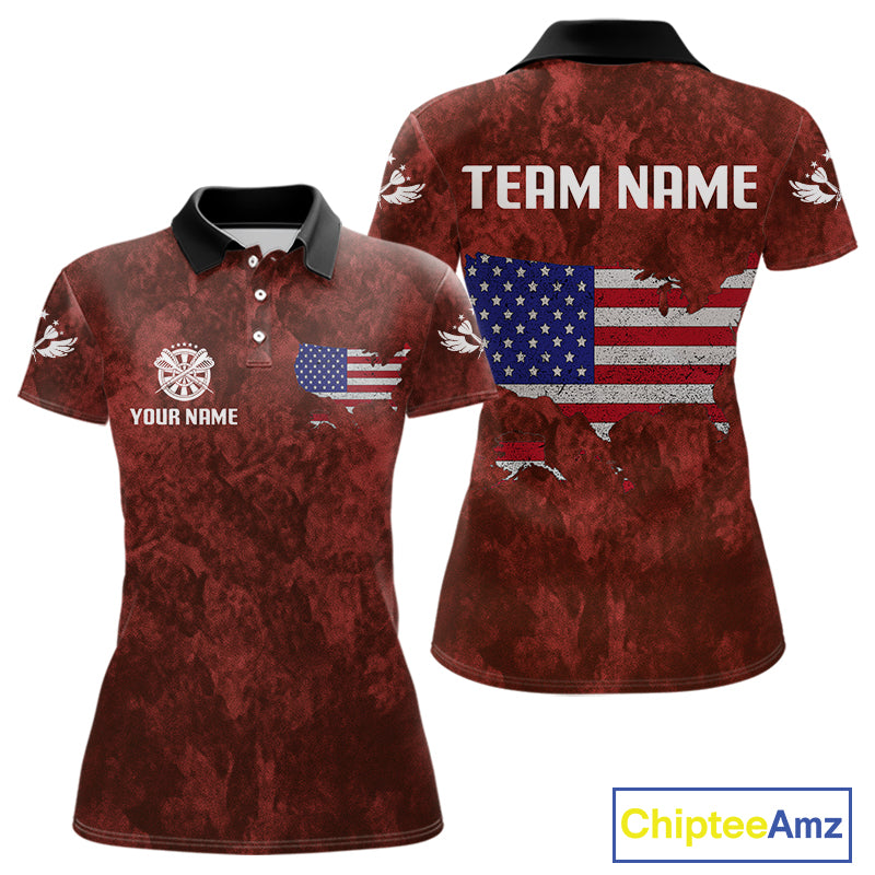 US Flag & Map Dartboard Women's Red Darts Shirt - Custom Name For Darts Jersey NYN0524