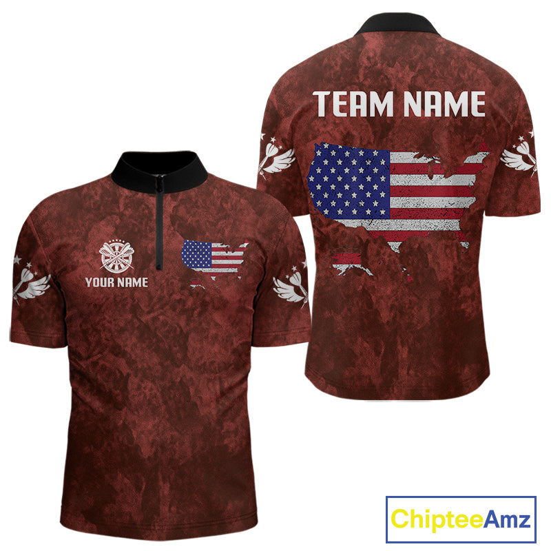 US Flag & Map Dartboard Men's Red Darts Shirt - Custom Name For Darts Jersey NYN0524
