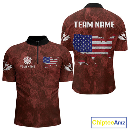 US Flag & Map Dartboard Men's Red Darts Shirt - Custom Name For Darts Jersey NYN0524