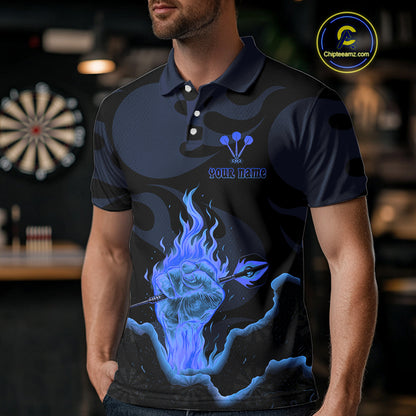Custom Blue Flaming Dart Arrow Polo & 1/4-Zip Darts Shirts Outfit Darts Jersey For Men NYN1051