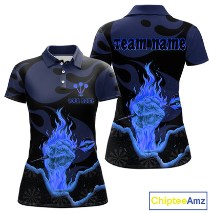 Custom Blue Flaming Dart Arrow Polo & 1/4-Zip Darts Shirts Outfit Darts Jersey For Women NYN1051