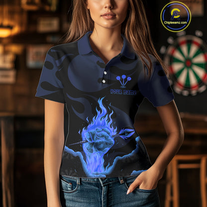 Custom Blue Flaming Dart Arrow Polo & 1/4-Zip Darts Shirts Outfit Darts Jersey For Women NYN1051