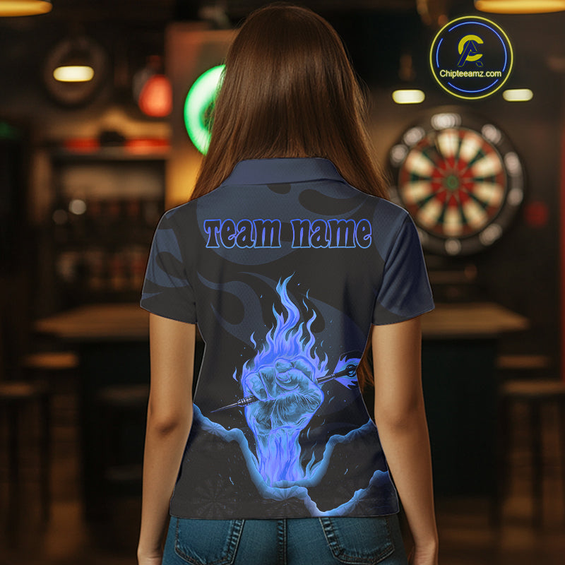 Custom Blue Flaming Dart Arrow Polo & 1/4-Zip Darts Shirts Outfit Darts Jersey For Women NYN1051