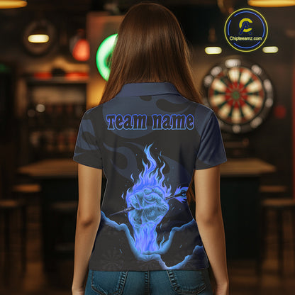 Custom Blue Flaming Dart Arrow Polo & 1/4-Zip Darts Shirts Outfit Darts Jersey For Women NYN1051