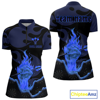 Custom Blue Flaming Dart Arrow Polo & 1/4-Zip Darts Shirts Outfit Darts Jersey For Women NYN1051
